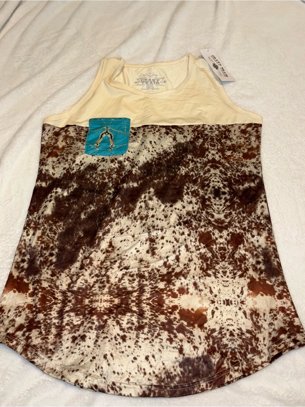 Crazy Train Cream & Brown Cow Print Tank with Turquoise Pocket